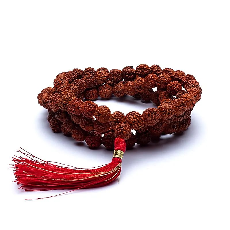 Mala Rudraksha 108 grani con nappina rossa