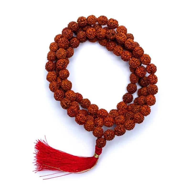 Mala Rudraksha 108 grani con nappina rossa
